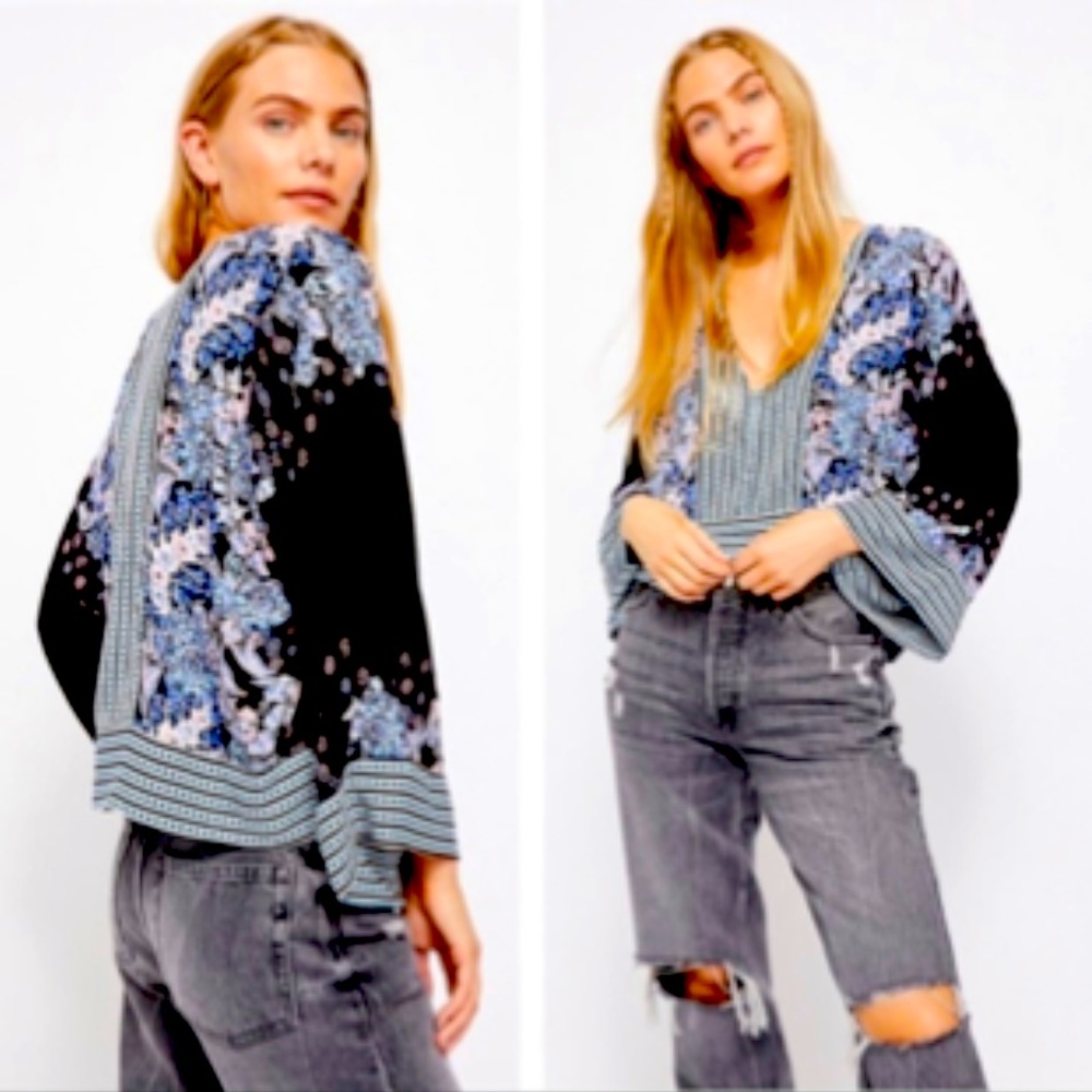 Free People Mix-N-Match Kimono Floral Blouse in Black Combo-Size medium